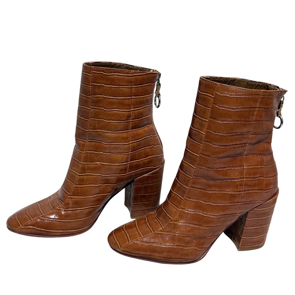 Chinese Laundry  Brown Croc Embossed  Block Heel Ankle Boots Women's Size 8